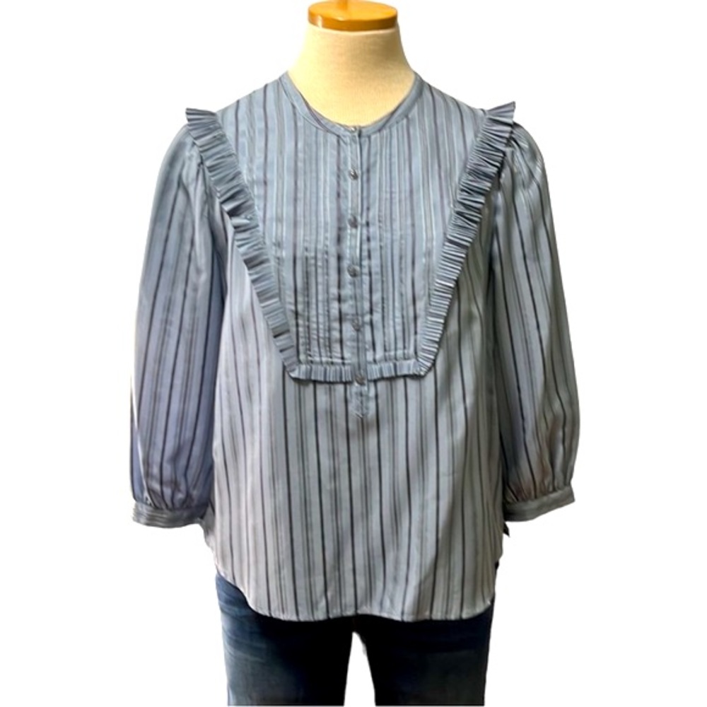 Marc by Marc Jacobs Ruffled Bib Stripe Blouse, Light Blue, size 12